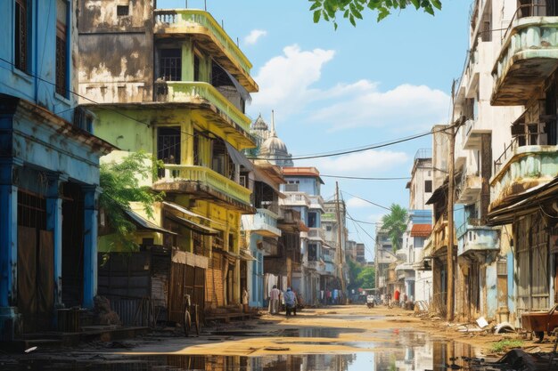 Yangon hyperrealistische oude stad schilferige verf sprong groenen smalle straten