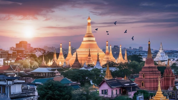 Yangon skyline at twilight with shwedagon pagoda in myanmar