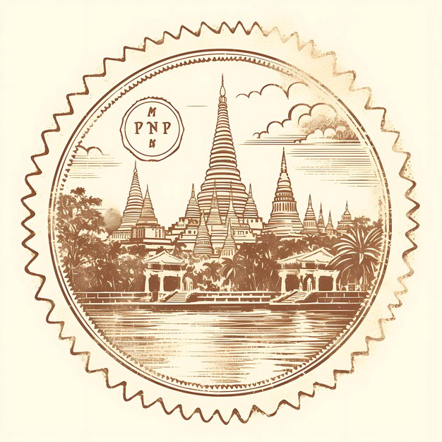 Foto yangon-stad met monochrome sepia-kleur shwedagon-pagode en creatieve unieke stempel van schoonheidssteden