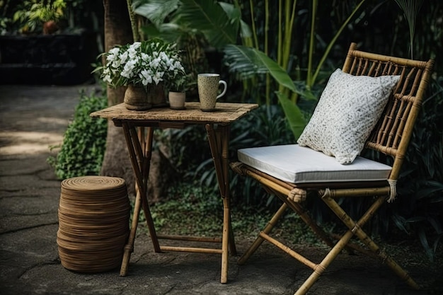 The yard has a bamboo chair table and comfortable seat