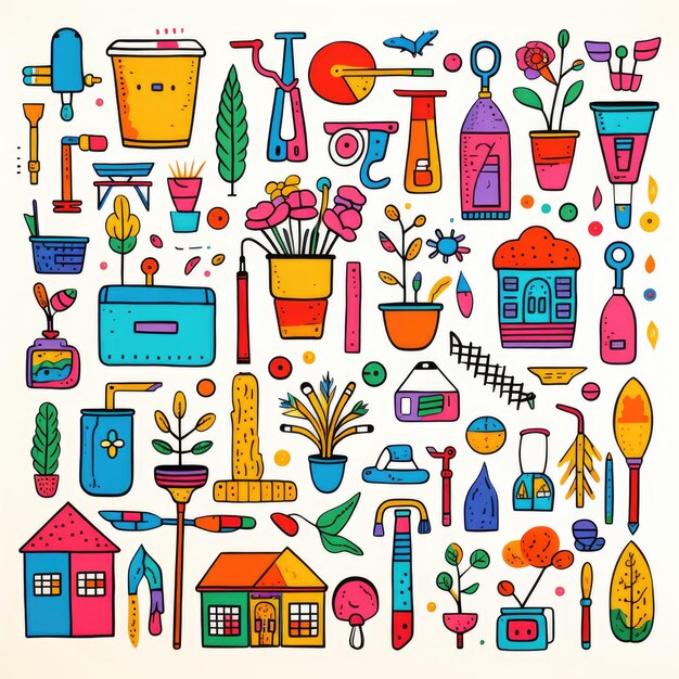 Yard supplies colorful set of doodles on white background Generative AI