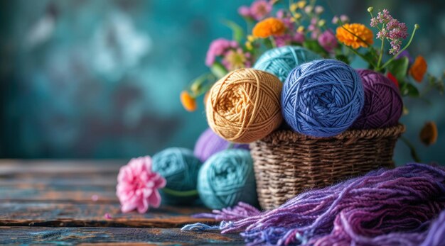 yarn in basket and flowers on the table