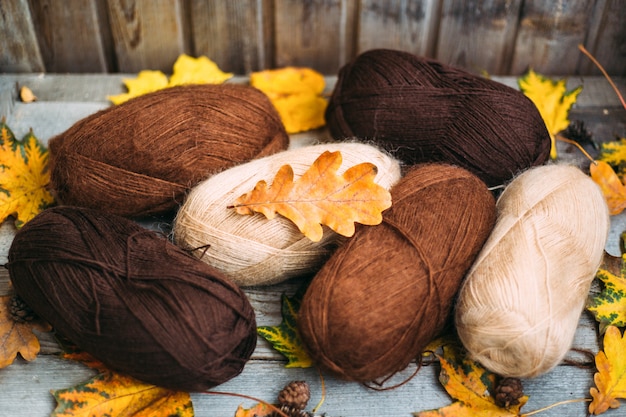 The yarn is beige, brown. Knitting as a hobby. Accessories for knitting. Yarn among leaves.