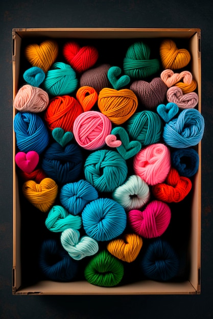 Yarn for knitting multicolored threads in the shape of hearts a lot Generative AI