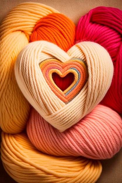 Yarn for knitting multicolored threads in the shape of hearts a lot Generative AI