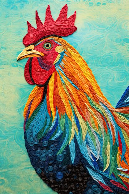 Photo yarn painting of a rooster