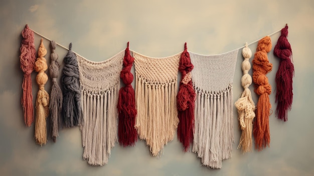 Yarn tassels hanging from a woven wall hanging adding texture and flair