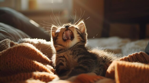 Зевчущий котенок, скручивающийся в солнечном луче.