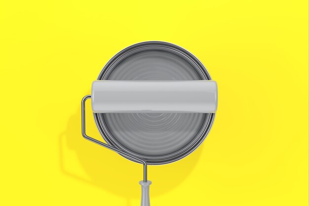 Year of 2021 Trendy Colors. Ultimate Gray Paint Can Top View with Paint Roller on a Illuminating Yellow background. 3d Rendering