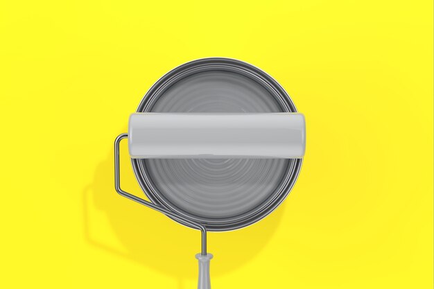 Year of 2021 trendy colors. ultimate gray paint can top view with paint roller on a illuminating yellow background. 3d rendering