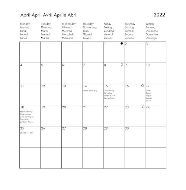 Year 2022 April international calendar with holidays