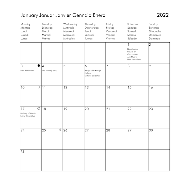 2022年1月国際カレンダー休日