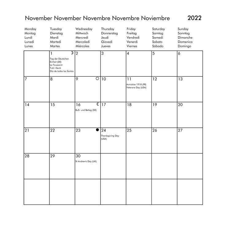 Photo year 2022 november international calendar with holidays