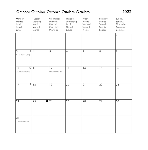 Year 2022 October international calendar with holidays
