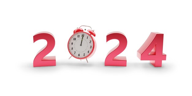 Year 2024 in three dimensions with clock New year concept 3d illustration