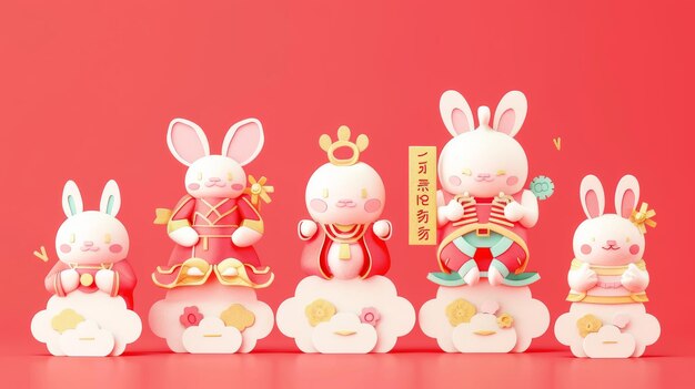 Year of the rabbit papercut element set isolated on a hot pink background Bunnies holding red envelopes riding on clouds holding gold ingots and writing with Chinese brushes