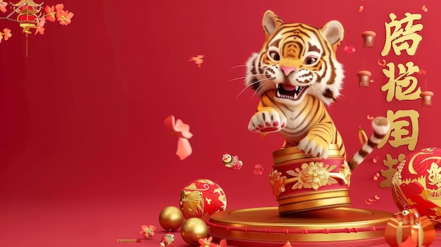 Photo the year of the tiger banner for 2022 shows a tiger hopping from the drum surface on spring festival wishes for a prosperous new year are written in chinese on the right side