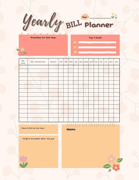 Yearly bill planner printable template digital blank page