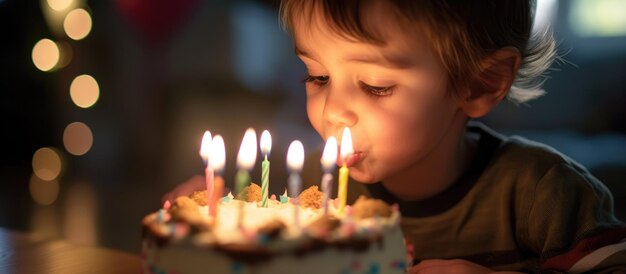 Photo yearold child blowing out candles on a homemade cake at a birthday party