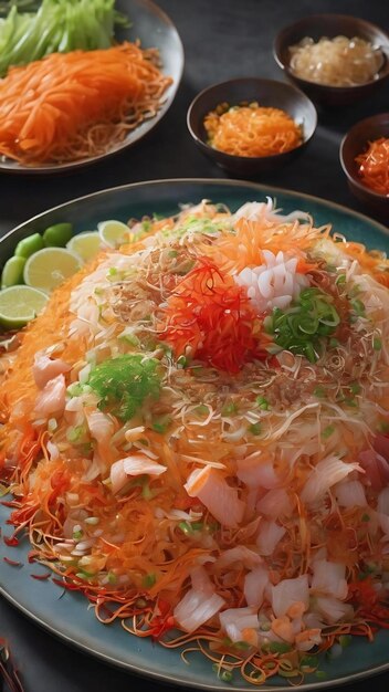 写真 イー・サン・ユシェン・ロ・ヘイ (yee sang yusheng lo hei) またはルー・サン (lou sang) は,カントンのスタイルの生魚サラダです.