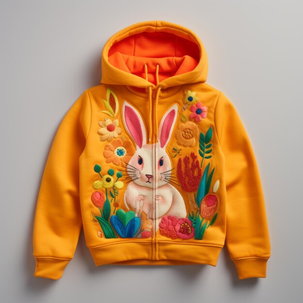 A yello hoodie that has a brightly colored rabbit and carrot on it in the style of playful and