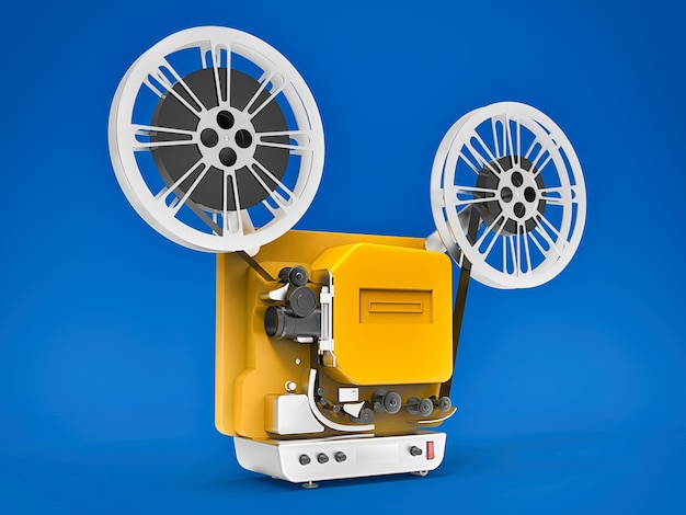 Yellow 3d cinema film projector isolated on blue surface