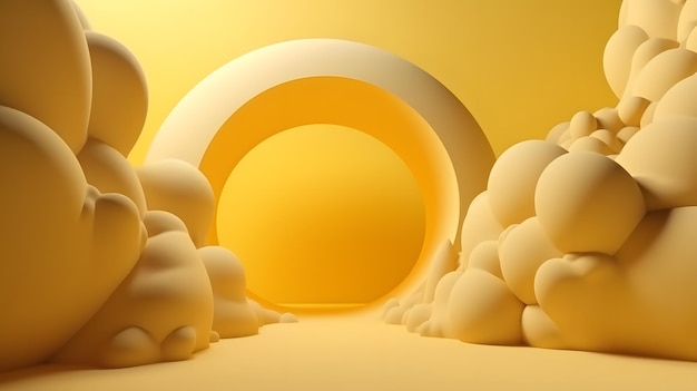 A yellow 3d illustration of a landscape with a circular structure and a hill in the background.