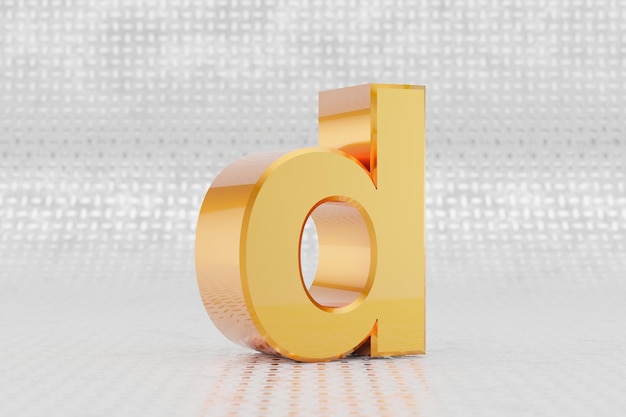 Yellow 3d letter D lowercase. Glossy yellow metallic letter on metal floor background. Shiny gold metal alphabet with studio light reflections. 3d rendered font character.