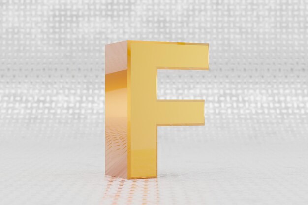 Yellow 3d letter F uppercase. Glossy yellow metallic letter on metal floor background. Shiny gold metal alphabet with studio light reflections. 3d rendered font character.