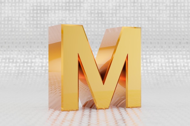 Желтая 3-я буква M в верхнем регистре. Глянцевая желтая металлическая буква на фоне металлического пола. Блестящий золотой металлический алфавит с отражениями студийного света. 3D визуализированный символ шрифта.