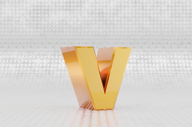 Yellow 3d letter V lowercase. Glossy yellow metallic letter on metal floor background. Shiny gold metal alphabet with studio light reflections. 3d rendered font character.