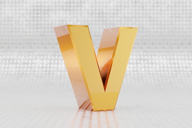 Желтая 3d буква V в верхнем регистре. Глянцевая желтая металлическая буква на фоне металлического пола. Блестящий золотой металлический алфавит с отражениями студийного света. 3D визуализированный символ шрифта.