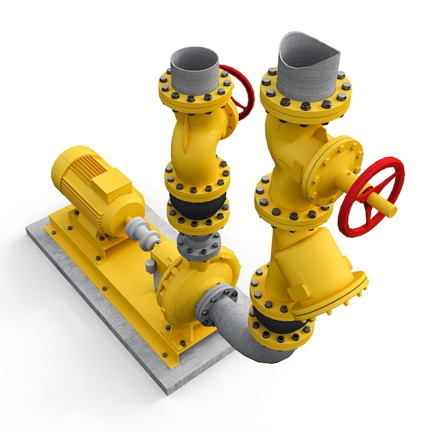 흰색 격리된 배경에 차단 밸브가 있는 산업용 펌프 및 파이프 섹션의 노란색 3d 모델입니다. 3d 그림입니다.