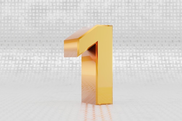 Yellow 3d number 1. Glossy yellow metallic number on metal floor background. Shiny gold metal alphabet with studio light reflections. 3d rendered font character.