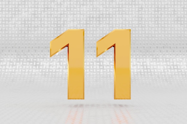 Yellow 3d number 11. Glossy yellow metallic number on metal floor background. Shiny gold metal alphabet with studio light reflections. 3d rendered font character.