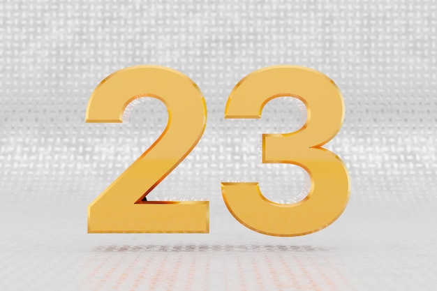 Yellow 3d number 23. Glossy yellow metallic number on metal floor background. Shiny gold metal alphabet with studio light reflections. 3d rendered font character.