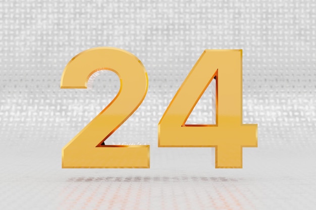 Желтый 3d номер 24. Глянцевый желтый металлический номер на фоне металлического пола. Блестящий золотой металлический алфавит с отражениями студийного света. 3D визуализированный символ шрифта.