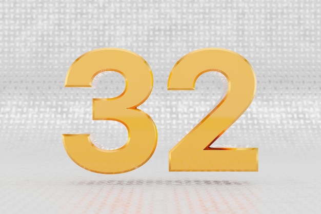 Photo yellow 3d number 32. glossy yellow metallic number on metal floor background. shiny gold metal alphabet with studio light reflections. 3d rendered font character.