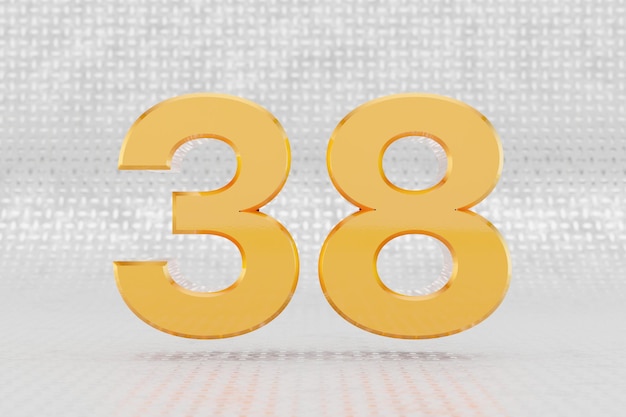 Photo yellow 3d number 38. glossy yellow metallic number on metal floor background. shiny gold metal alphabet with studio light reflections. 3d rendered font character.