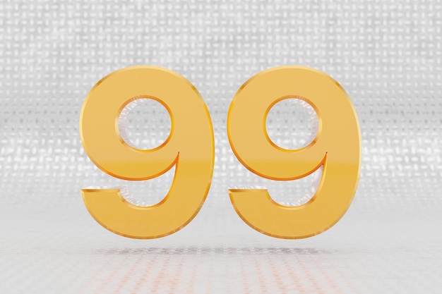 Yellow 3d number 99. Glossy yellow metallic number on metal floor background. Shiny gold metal alphabet with studio light reflections. 3d rendered font character.