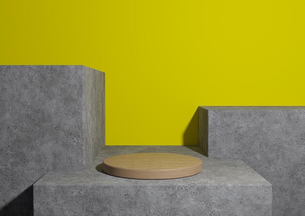 Yellow 3D rendering minimal wooden simple product display podium rough concrete geometric background