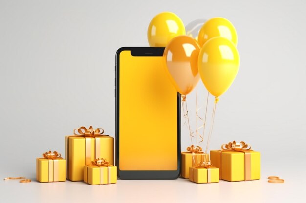 Photo yellow 3d smartphone with shopping cart with gift with balloon with copy space