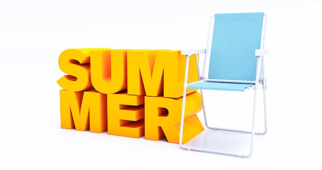 Yellow 3D summer text with blue beach chair and umbrella isolate on white backgroundsummer beach elements3d rendering