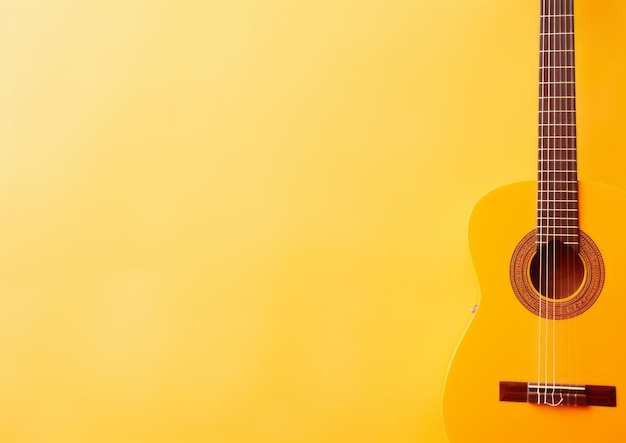 A yellow acoustic guitar against a yellow background