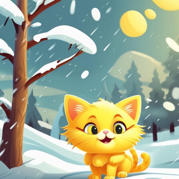 Yellow adorable cartoon style kitten with winter bakcground