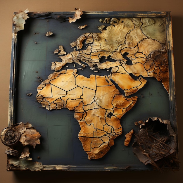 A yellow african map on DARk background in the style of multifaceted geometry hard surface modeling monochromatic shadows