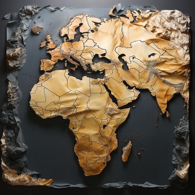 A yellow african map on DARk background in the style of multifaceted geometry hard surface modeling monochromatic shadows