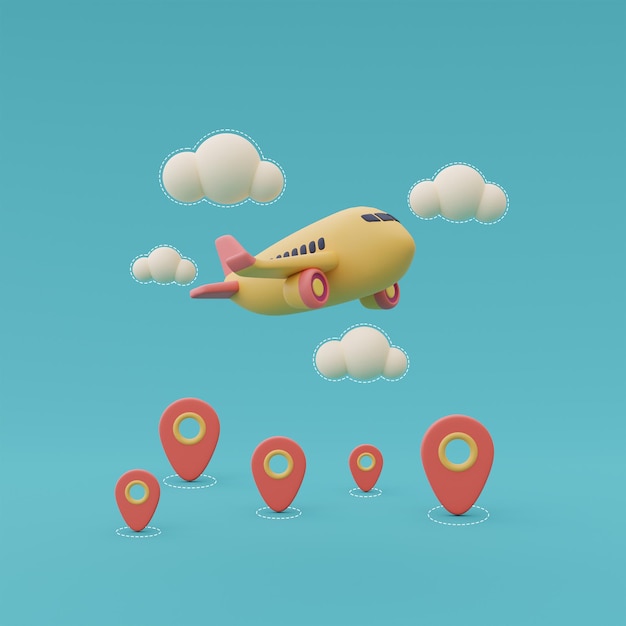 Yellow airplane with  location pin ,Online travel and tourism planning concept,holiday vacation,Ready for travel.3d render.