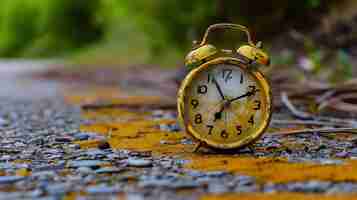 Photo a yellow alarm clock is sitting on a pile of gravel the clock is old and dirty and the paint is chipped the alarm clock is set for 700 am