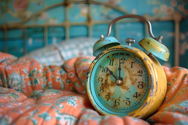 A yellow alarm clock sitting on top of a bed